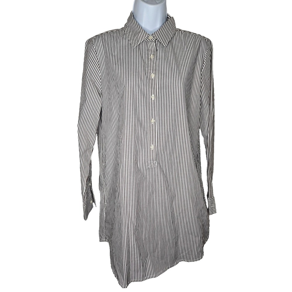 J McLaughlin Brown White Stripe Shirt Dress Tunic Button Front M Preppy Coastal - Picture 1 of 6